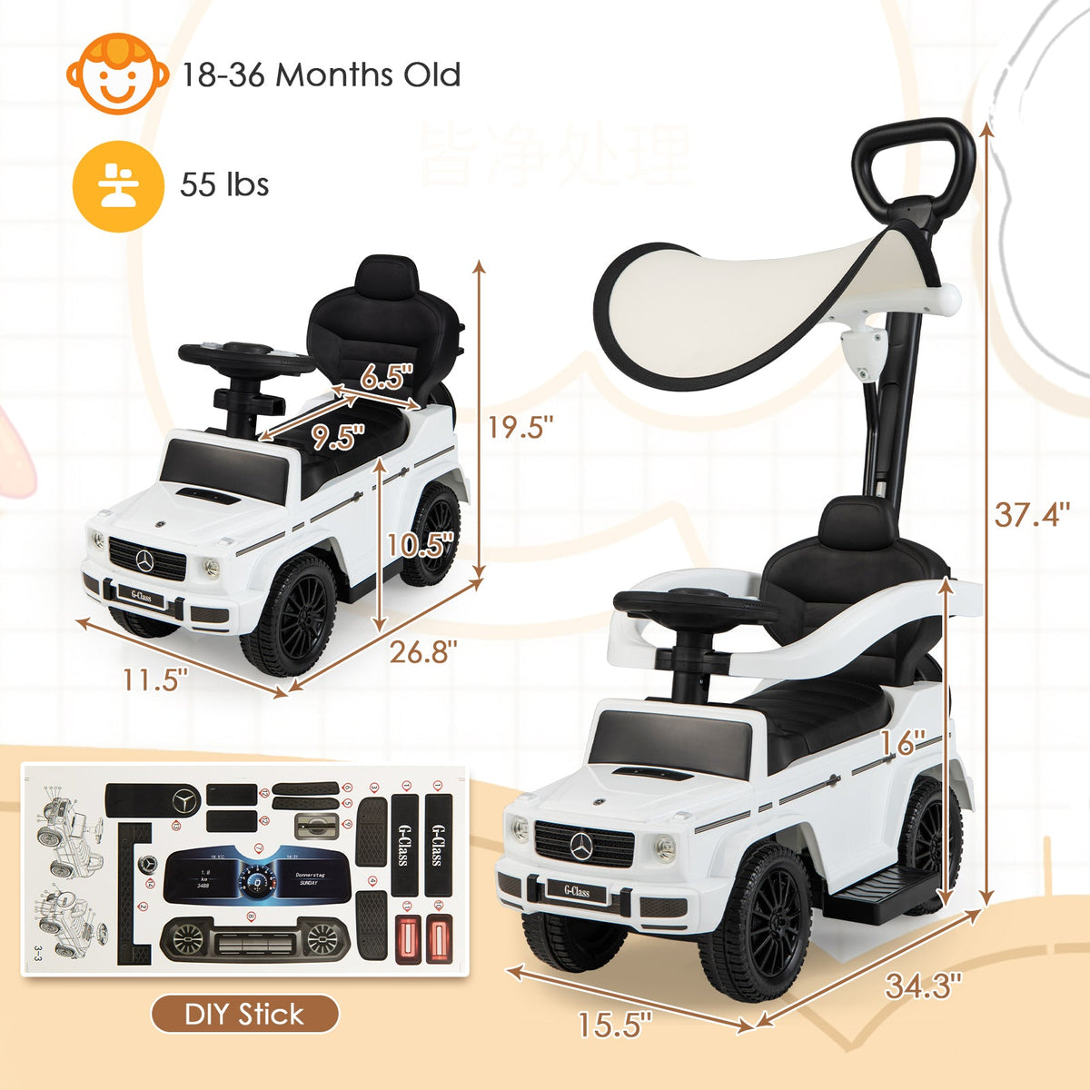3-In-1 Ride on Push Car Mercedes Benz G350 Stroller Sliding Car with Canopy-White