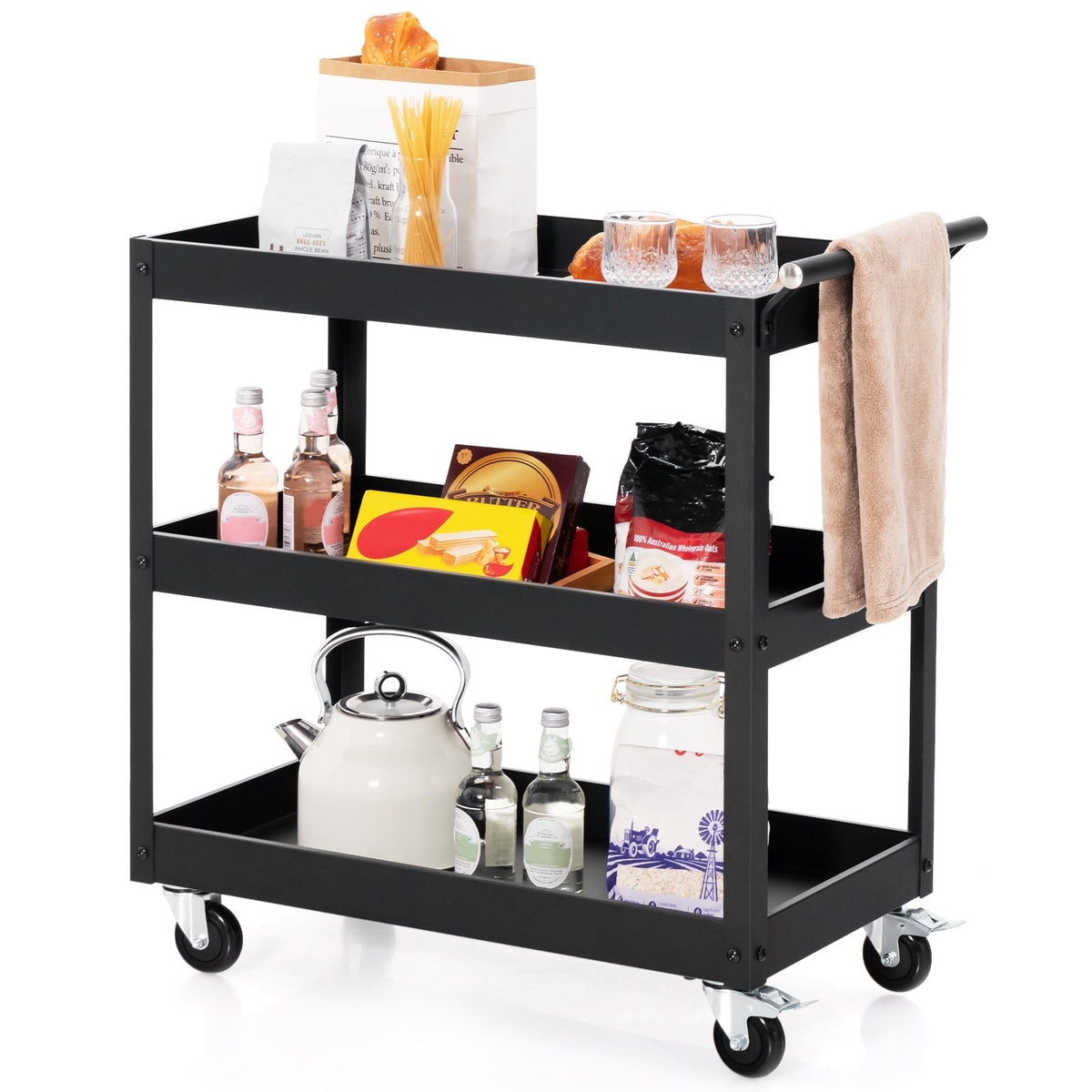 3-Tier Utility Cart Rolling Metal Cart with Handle and Universal Wheels
