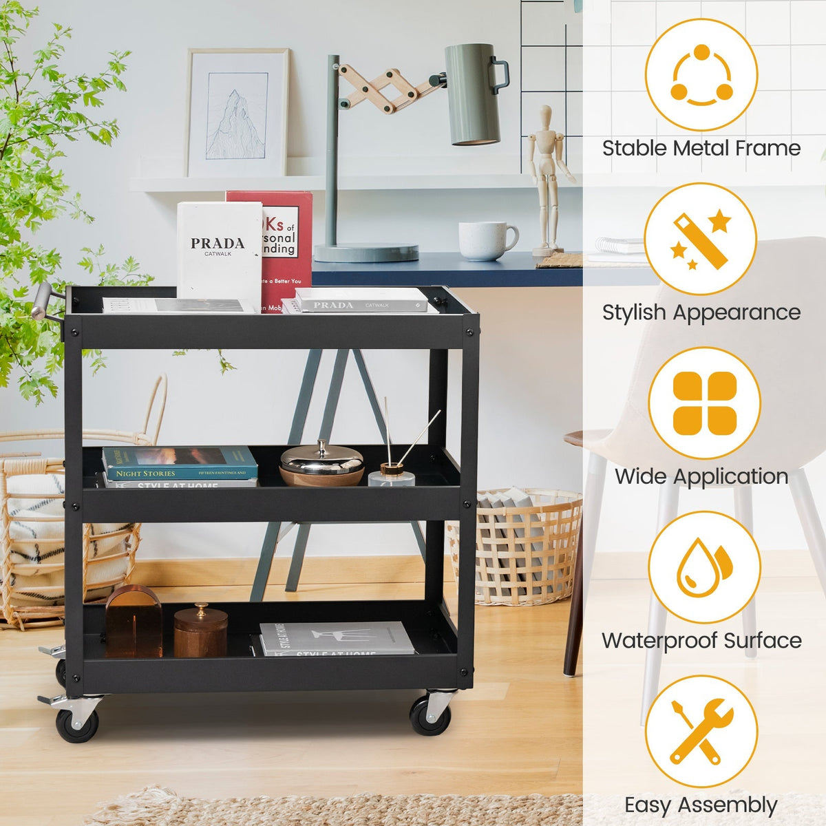 3-Tier Utility Cart Rolling Metal Cart with Handle and Universal Wheels