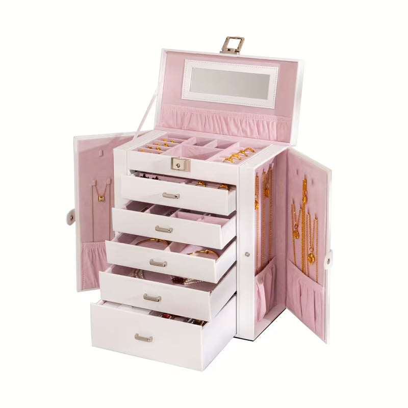 6-Tier Large Jewelry Box Organizer with 5 Drawers and Mirror