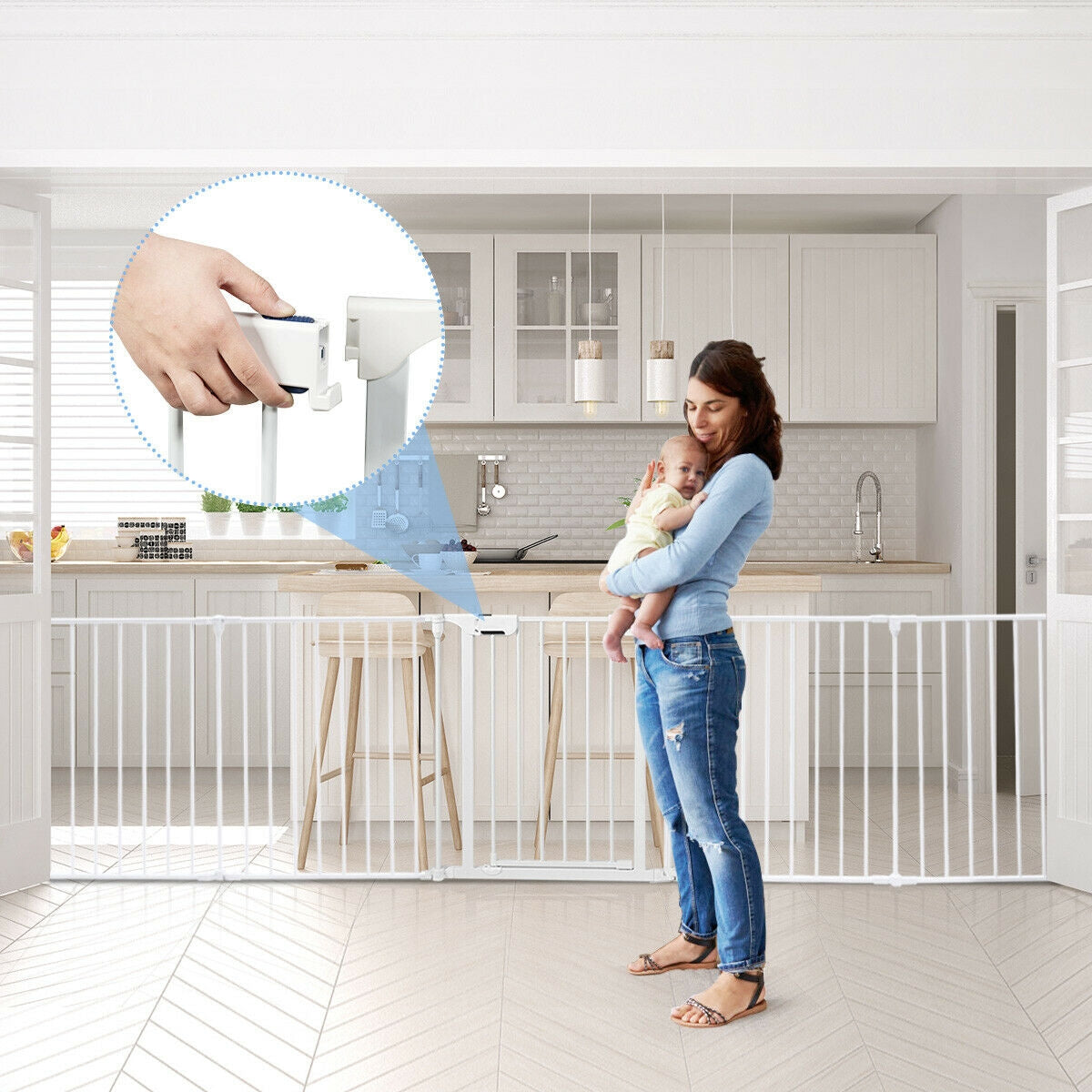 6 Panel Wall-mount Adjustable Baby Safe Metal Fence Barrier-White