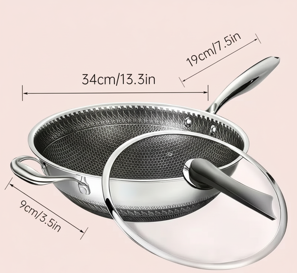 Sartén Wok de Acero Inoxidable de 33,8 cm con Tapa y Espátula – Antiadherente – Para Todo Tipo de Cocinas