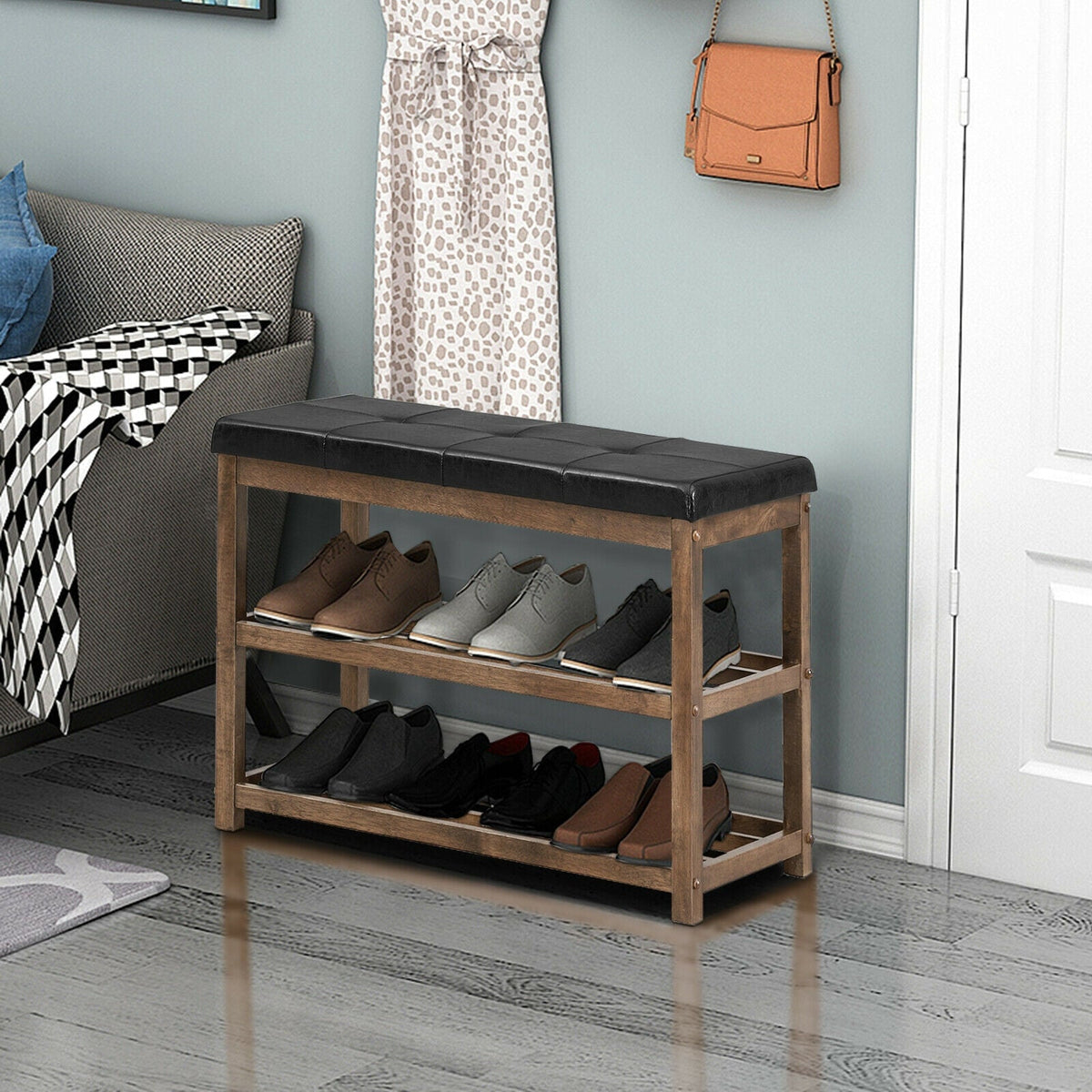 2-Tier Wooden Shoe Rack Bench with Padded Seat