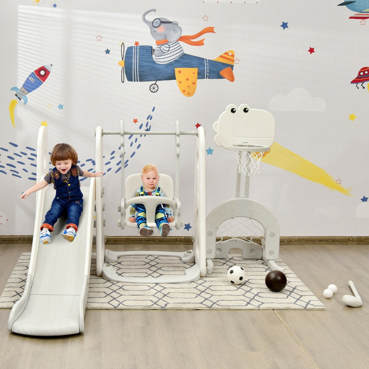 6 in 1 Toddler Slide and Swing Set with Ball Games