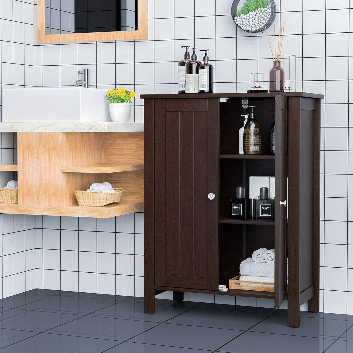 2-Door Bathroom Floor Storage Cabinet Space Saver Organizer