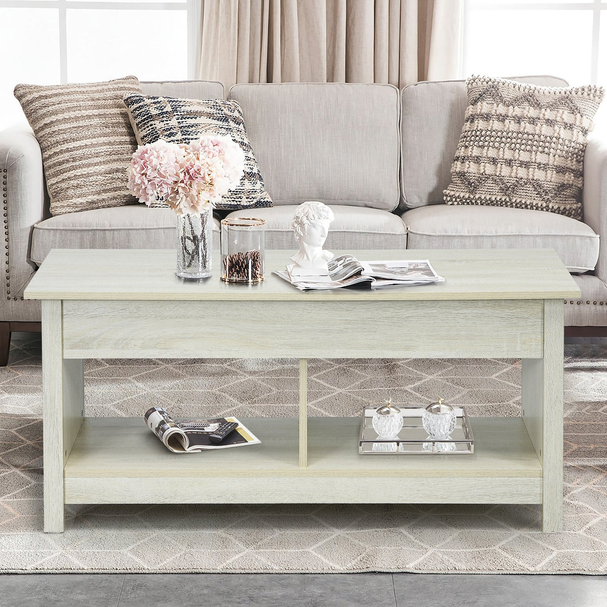 Lift Top Coffee Table with Hidden Storage Compartment and Lower Shelf for Study Room