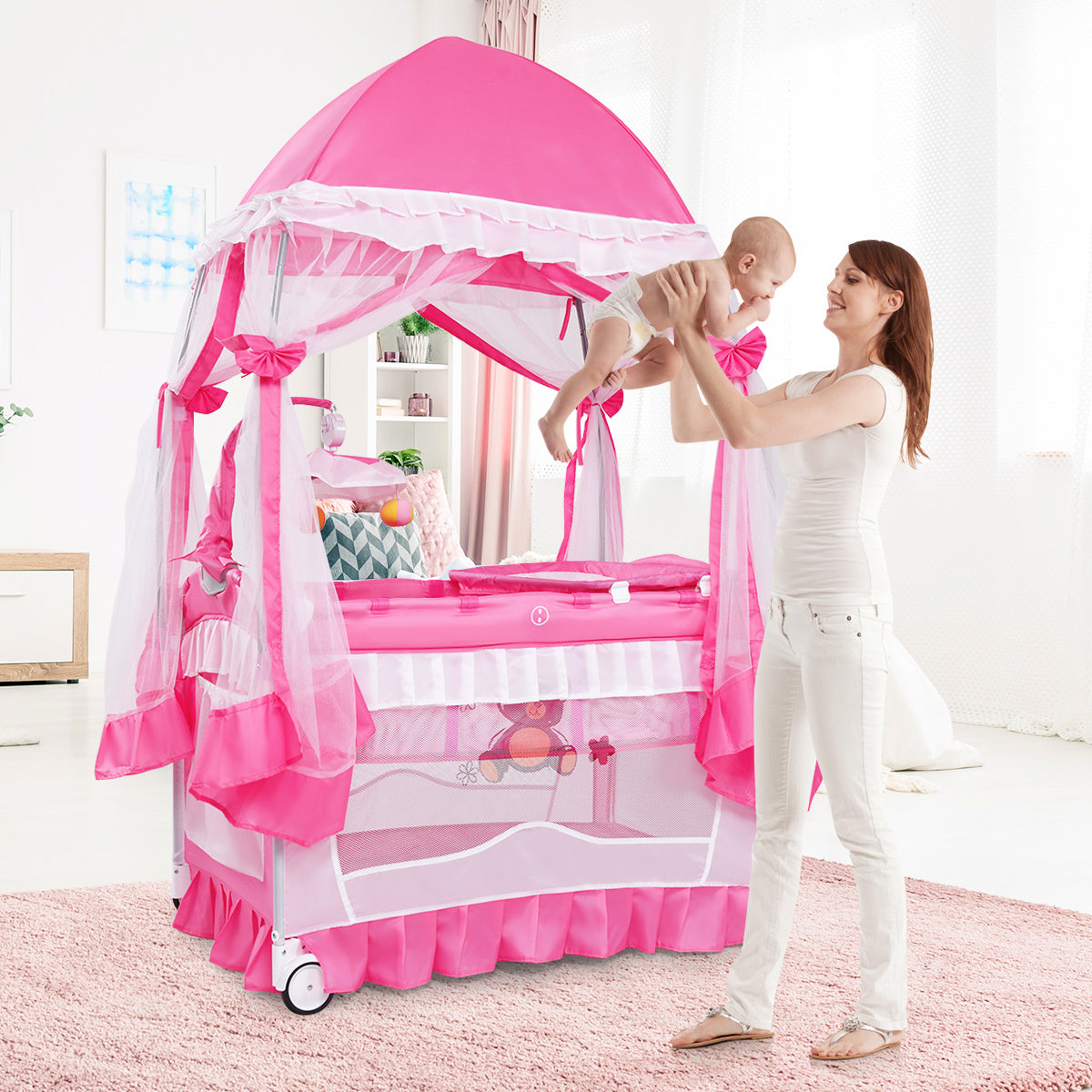 Portable Baby Playpen Crib Cradle with Carring Bag-Pink