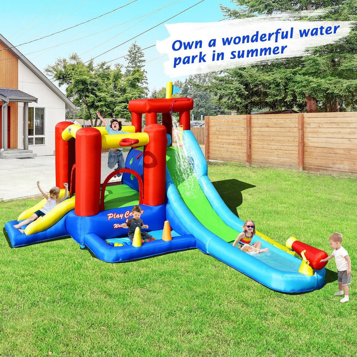 Castillo Hinchable Acuático Infantil 9 en 1 con Tobogán y Soplador de 860W