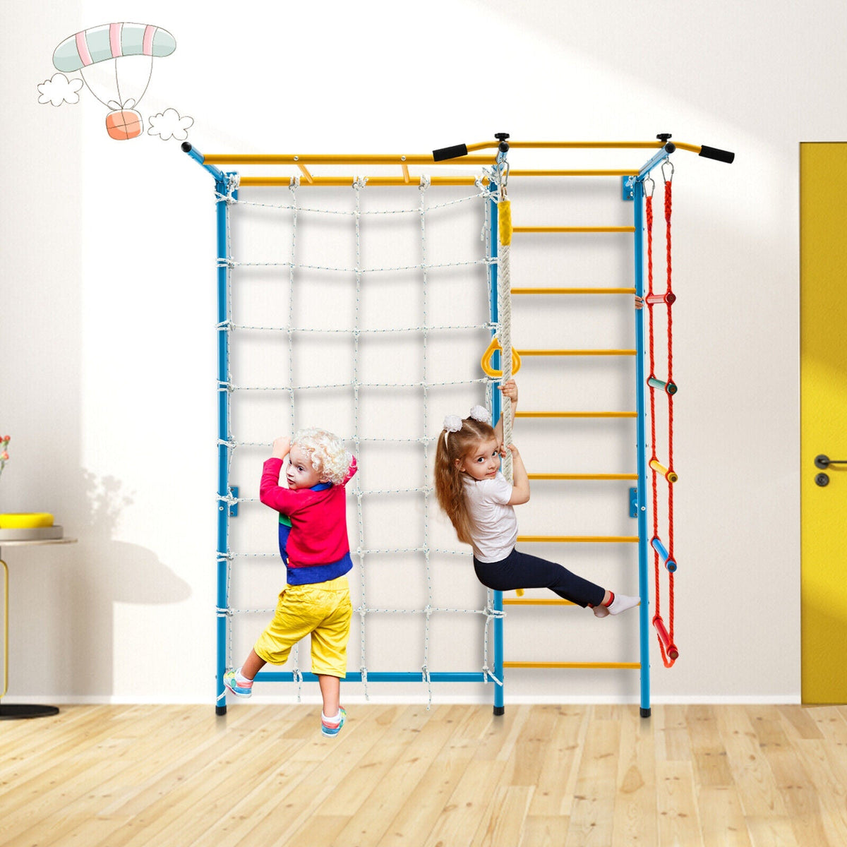7 en 1 Parque de juegos infantil de interior para niños con escalera de pared sueca para pared sólida - Amarillo