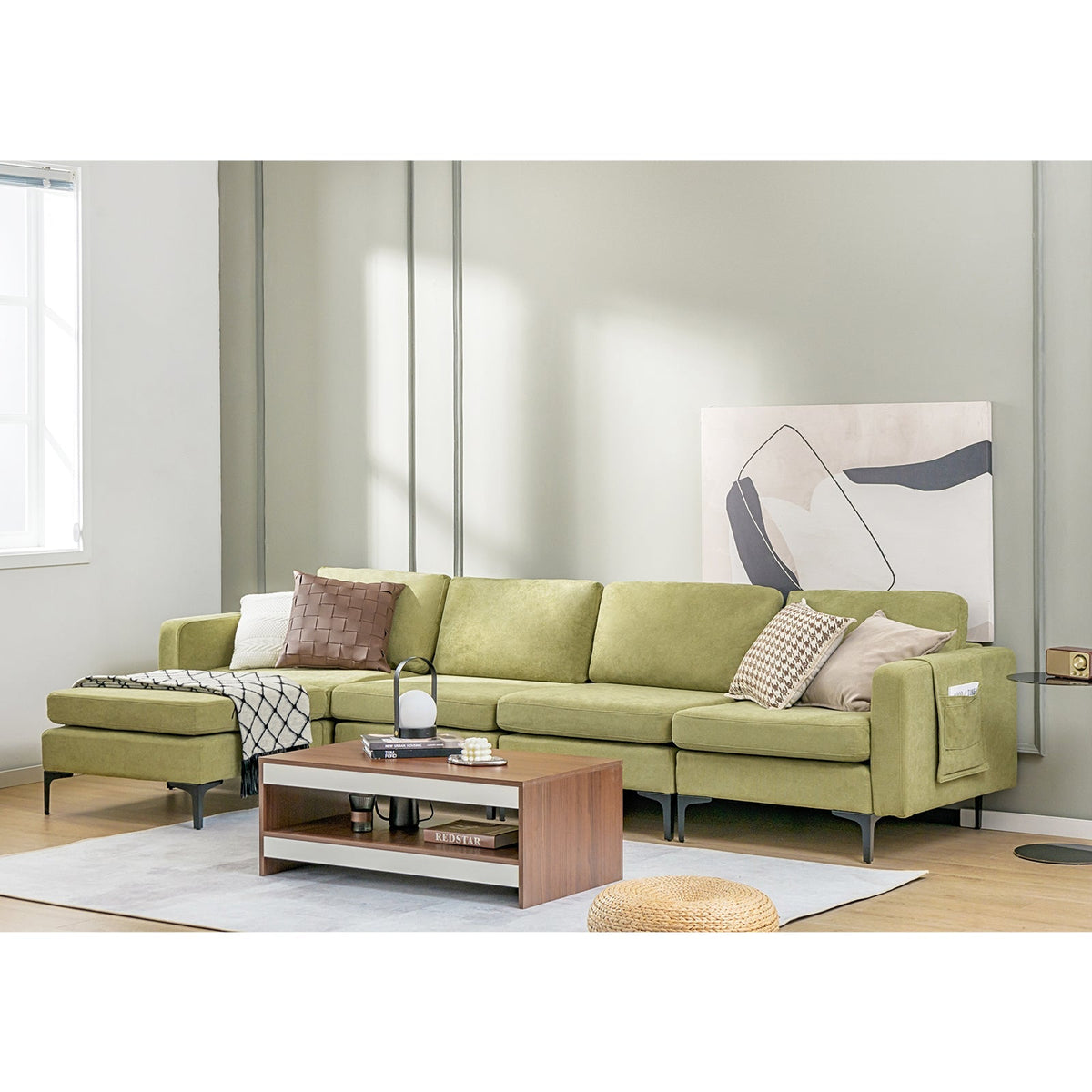 Modular L-shaped Sectional Sofa with Reversible Ottoman and 2 USB Ports