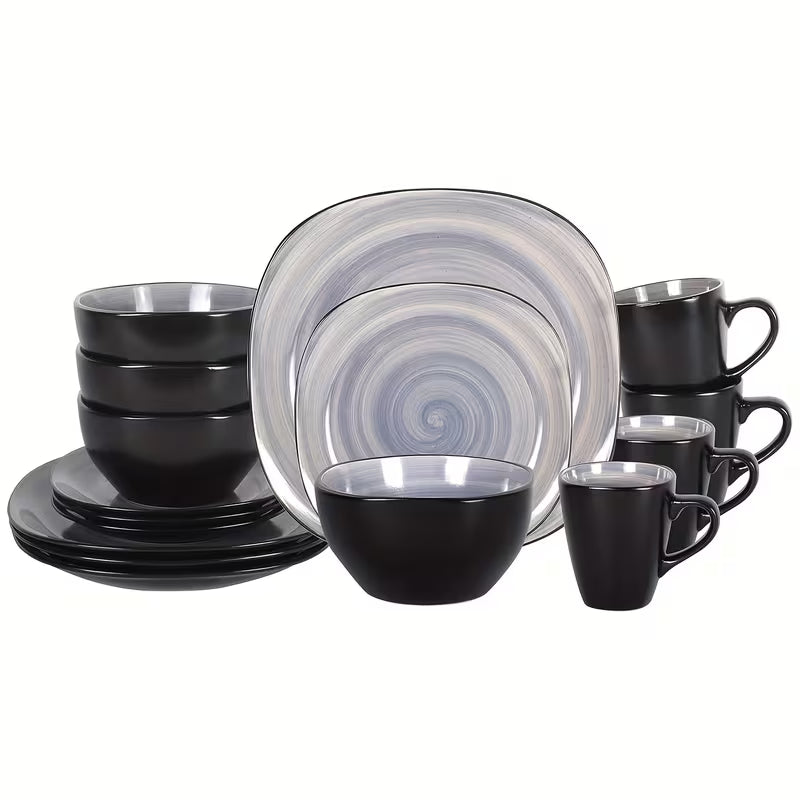 16-Piece Square Stoneware Dinnerware Set with Black Trim