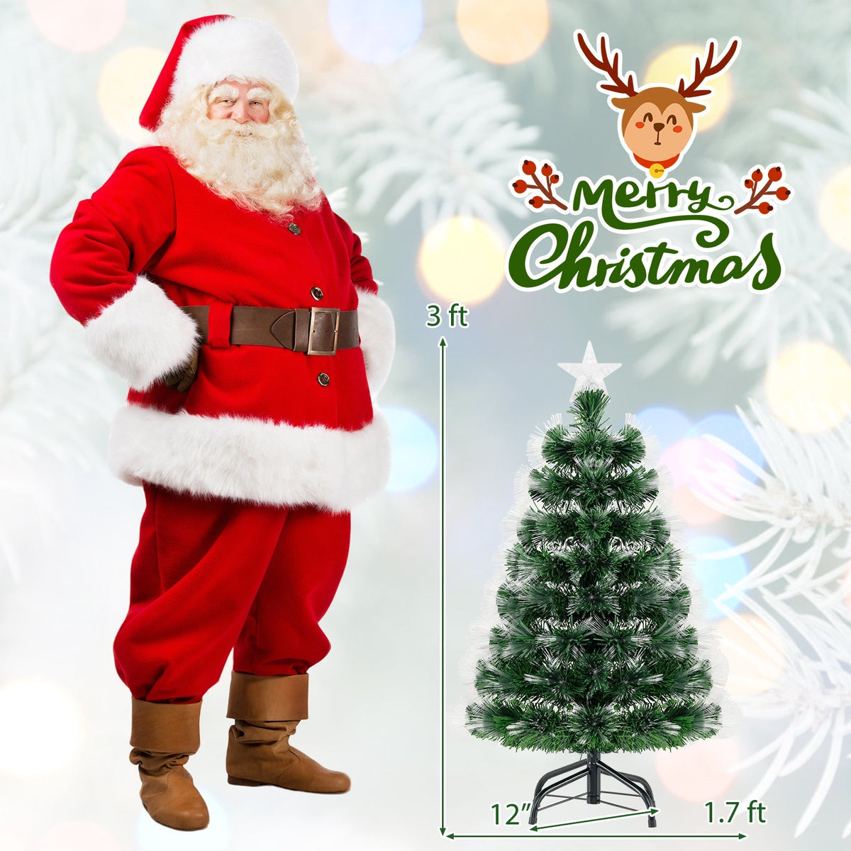 3 Feet Fiber Optic Christmas Tree with Branch Tips and Topper Star