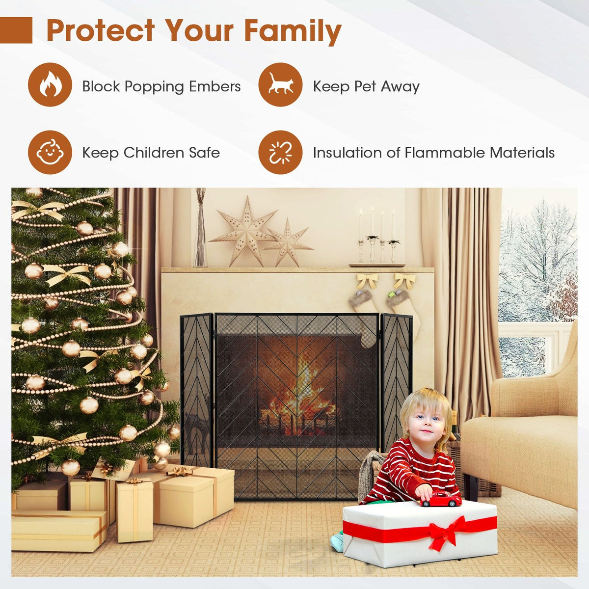 3-Panel Metal Foldable Fireplace Screen with Metal Mesh