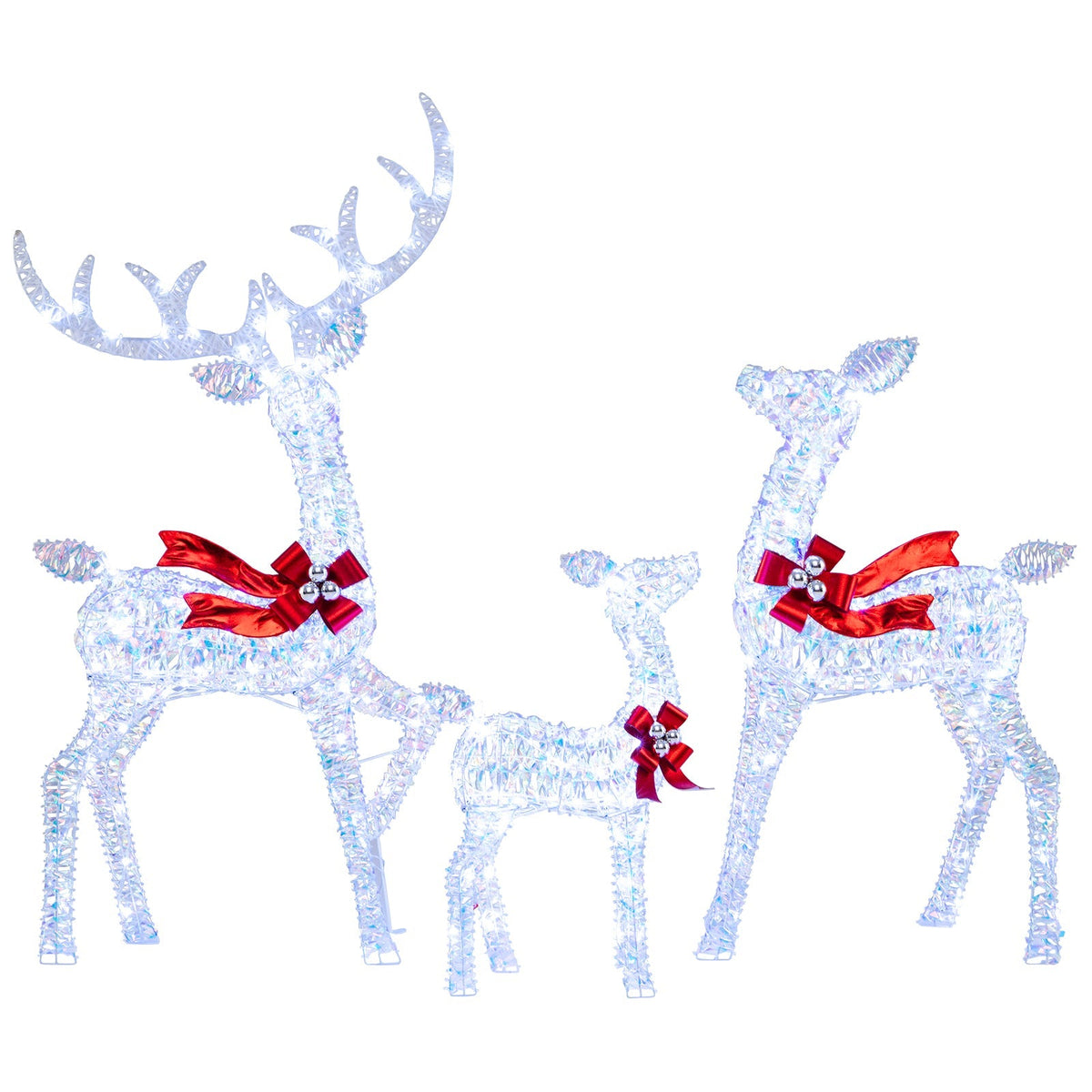 3-Piece Christmas Lighted Iridescent Reindeer Family Set with 215 Cold White LED Lights and Ground Stakes