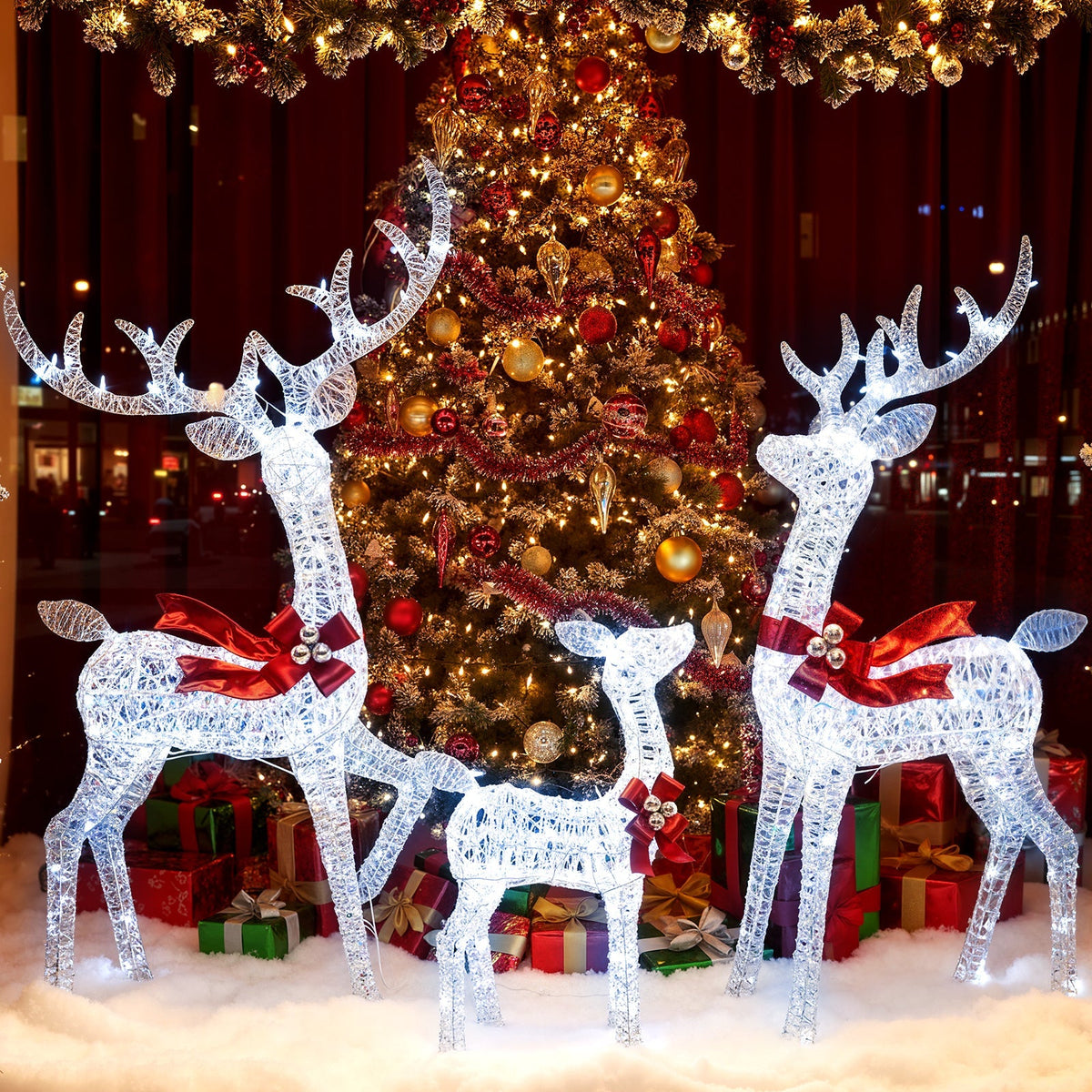 3-Piece Christmas Lighted Iridescent Reindeer Family Set with 215 Cold White LED Lights and Ground Stakes
