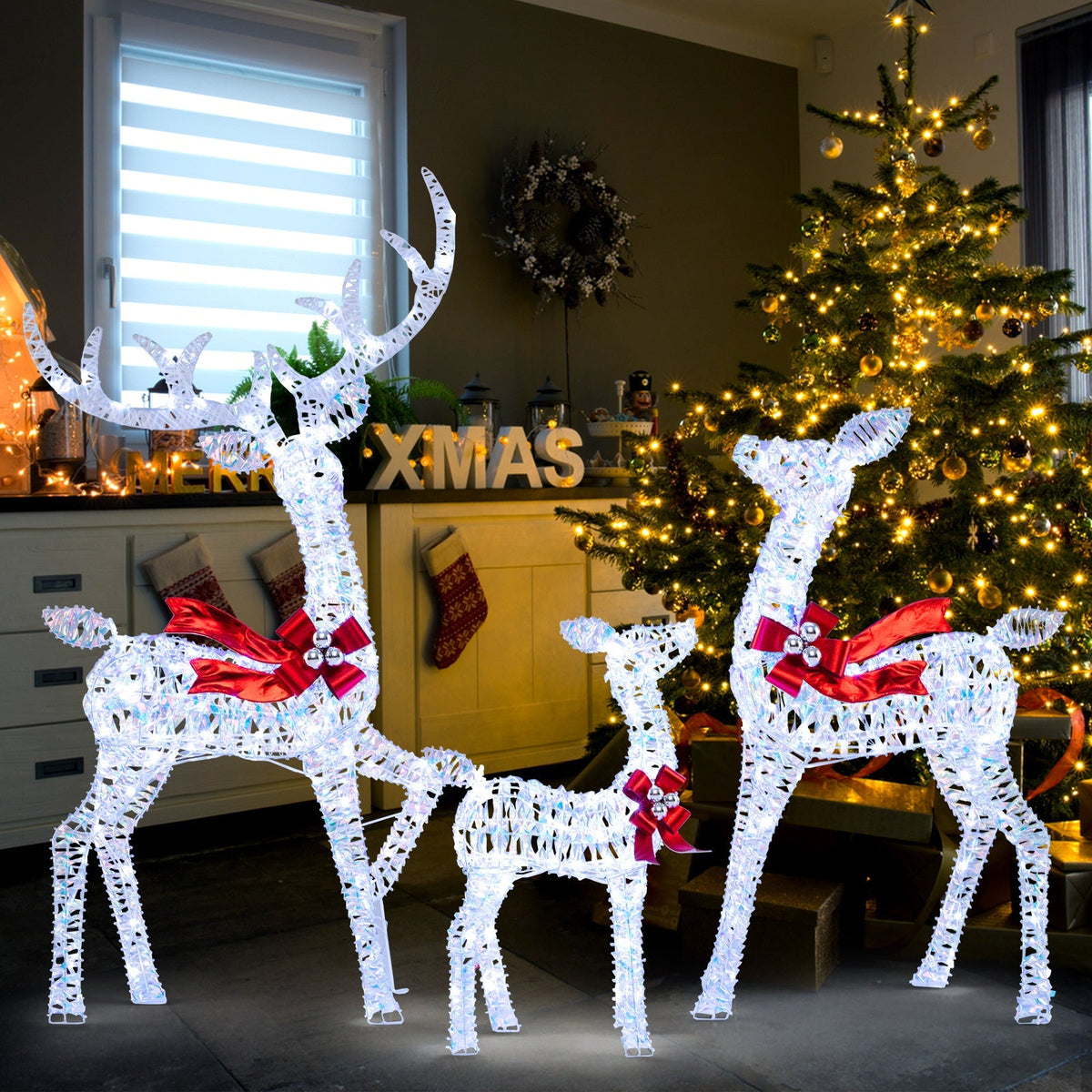 3-Piece Christmas Lighted Iridescent Reindeer Family Set with 215 Cold White LED Lights and Ground Stakes