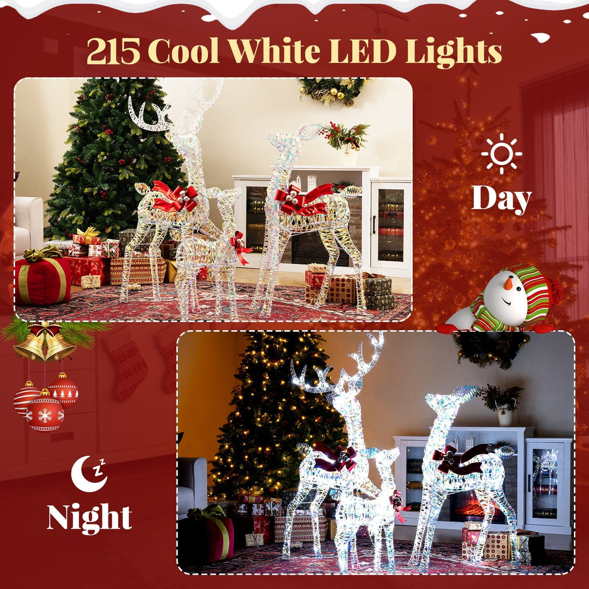 3-Piece Christmas Lighted Iridescent Reindeer Family Set with 215 Cold White LED Lights and Ground Stakes