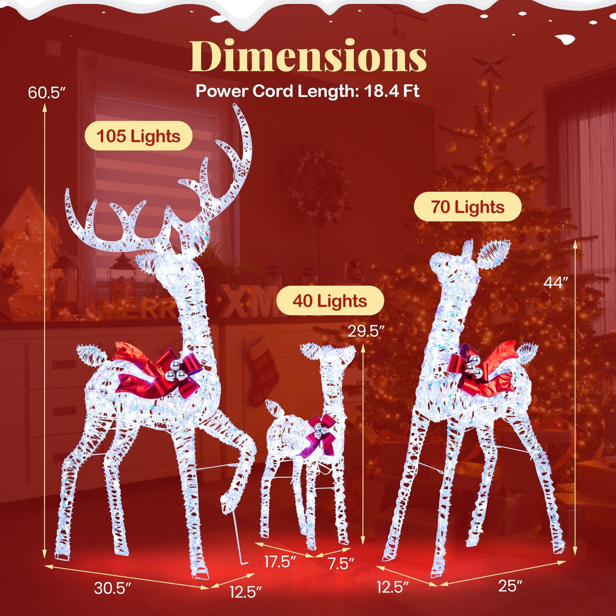 3-Piece Christmas Lighted Iridescent Reindeer Family Set with 215 Cold White LED Lights and Ground Stakes