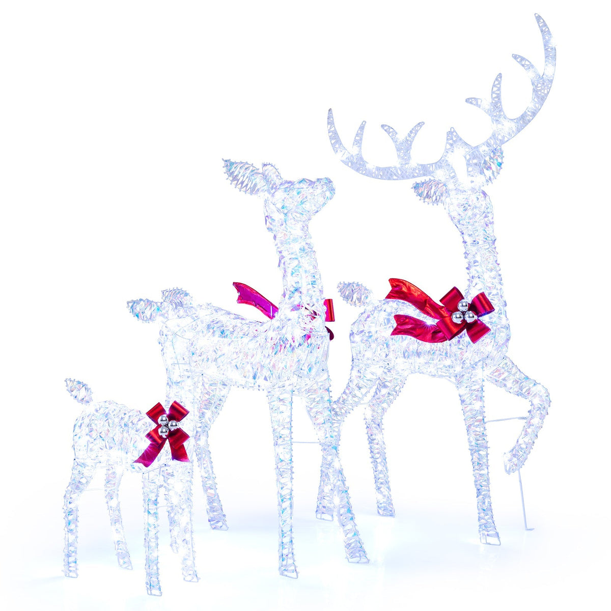 3-Piece Christmas Lighted Iridescent Reindeer Family Set with 215 Cold White LED Lights and Ground Stakes