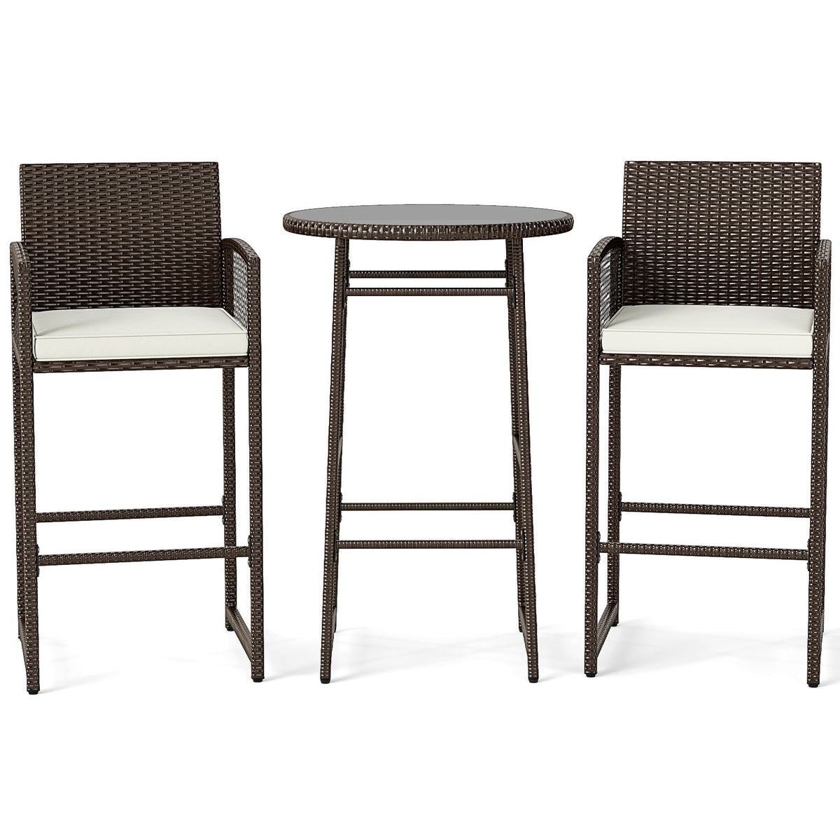 3 Piece Patio Bar Set Outdoor Wicker Bar Height Table and Armchairs-White