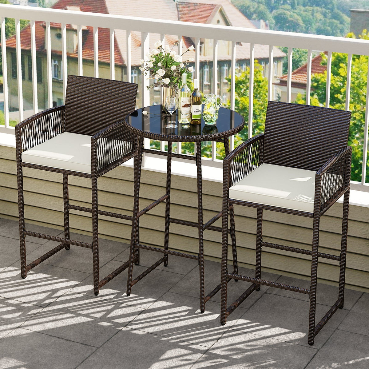 3 Piece Patio Bar Set Outdoor Wicker Bar Height Table and Armchairs-White