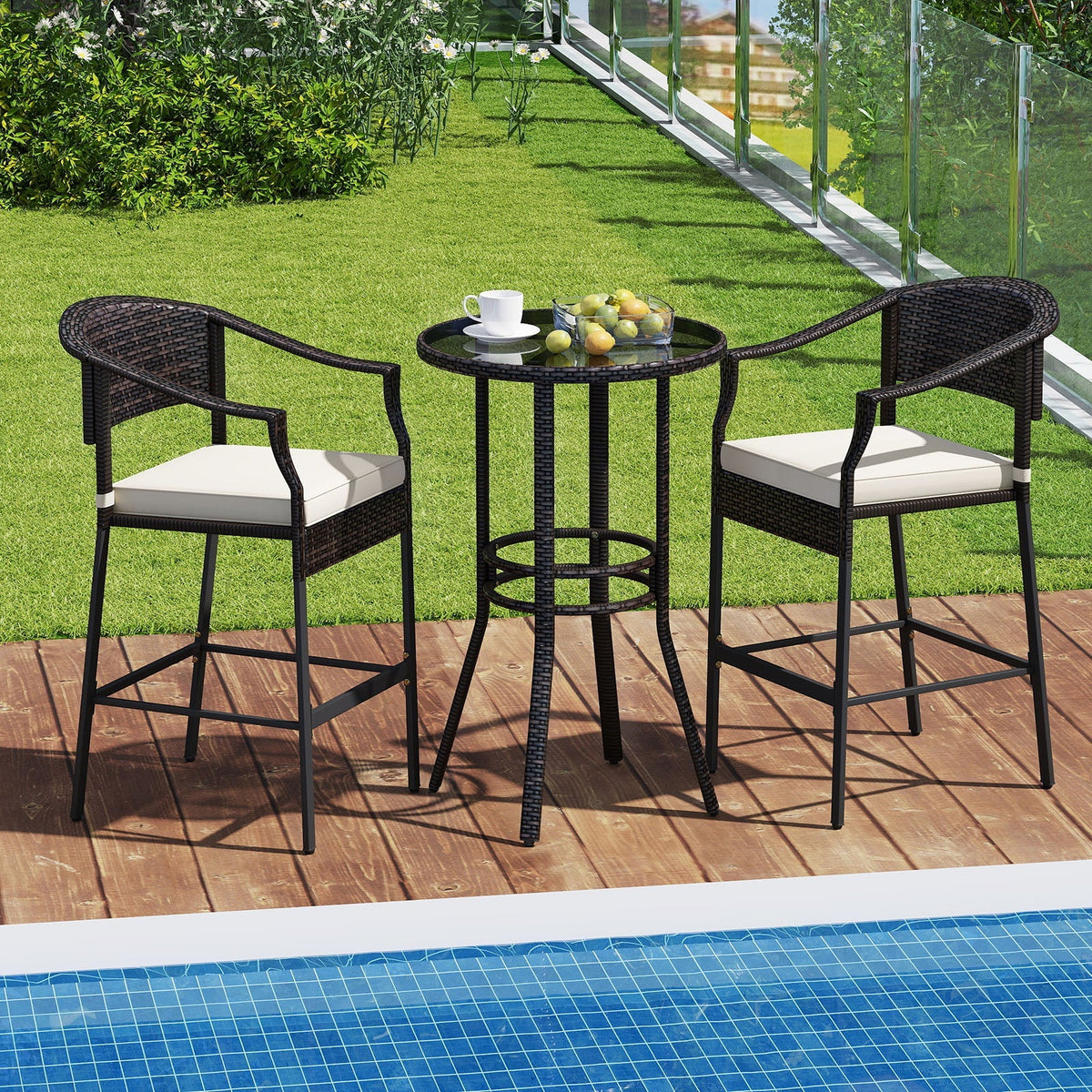 3-Piece Patio Rattan Bar Set with Tempered Glass Top for Backyard Poolside