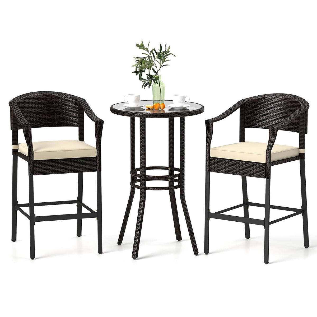 3-Piece Patio Rattan Bar Set with Tempered Glass Top for Backyard Poolside