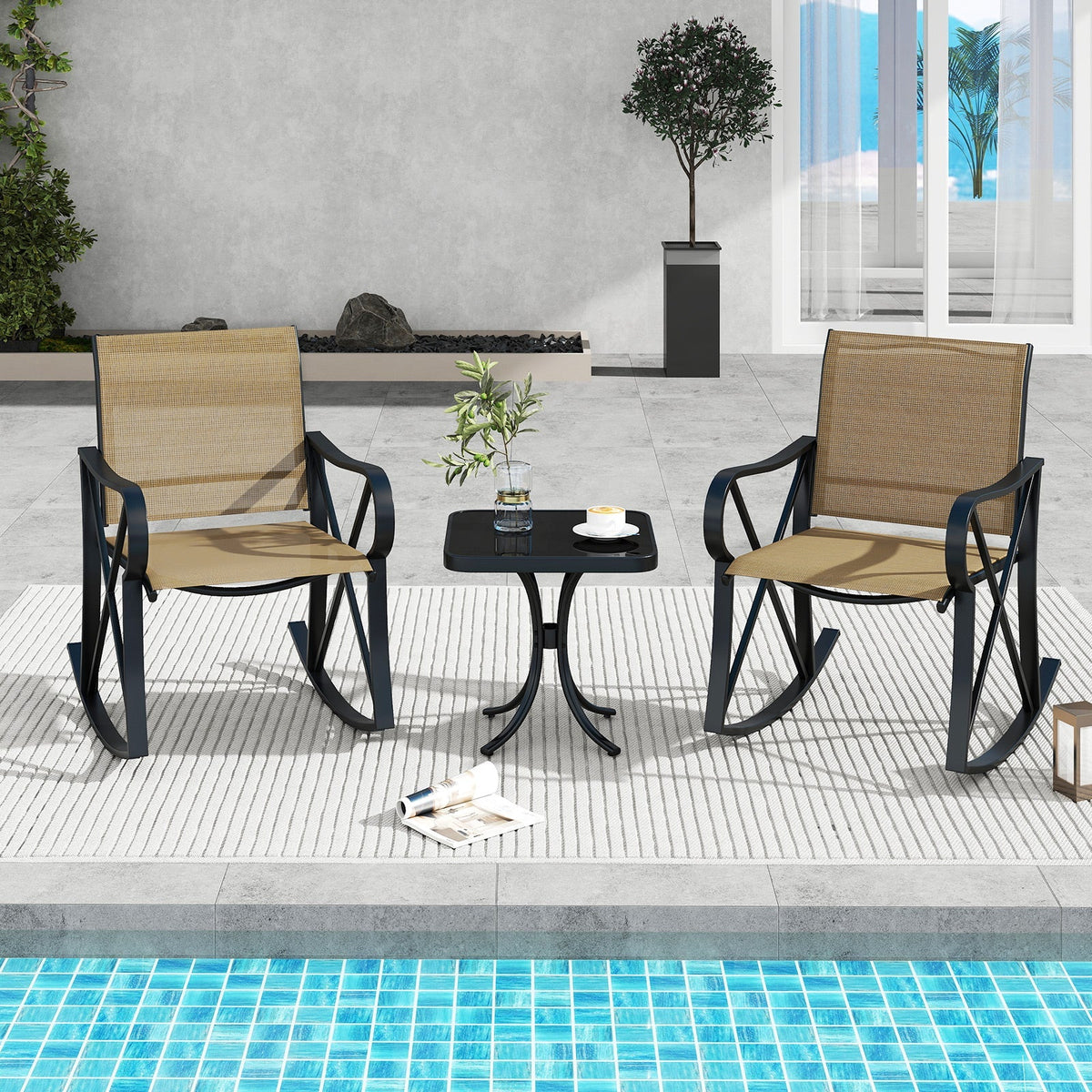 3 Piece Patio Rocking Set with Smooth Rocking Motion Outdoor Rocker Chair Bistro Set