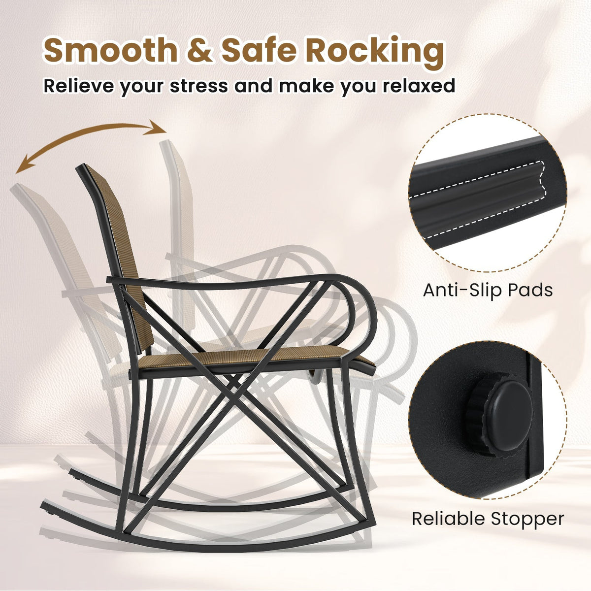 3 Piece Patio Rocking Set with Smooth Rocking Motion Outdoor Rocker Chair Bistro Set