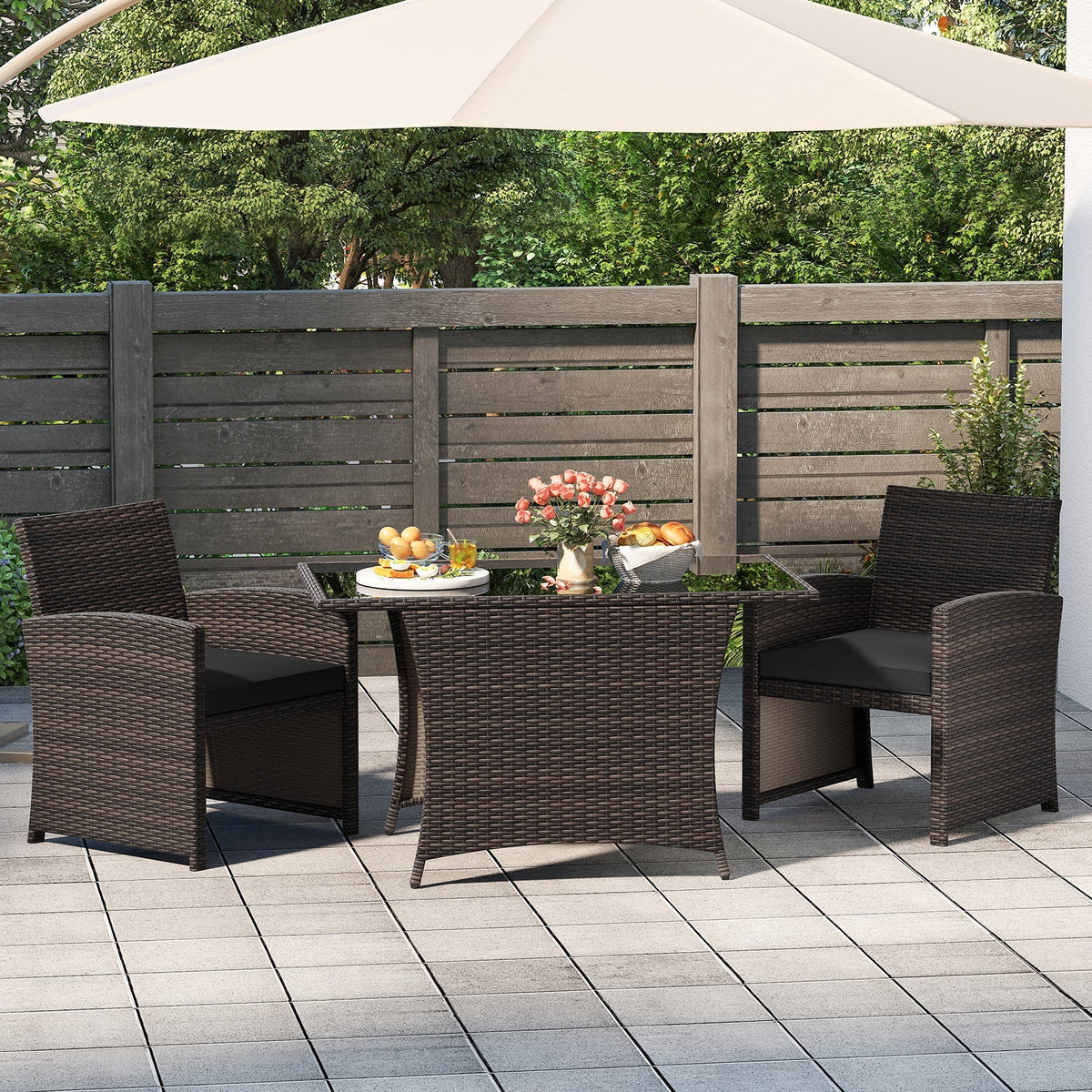 3 Piece Patio Wicker Dining Set with Rectangle Tempered Glass Dining Table-Brown