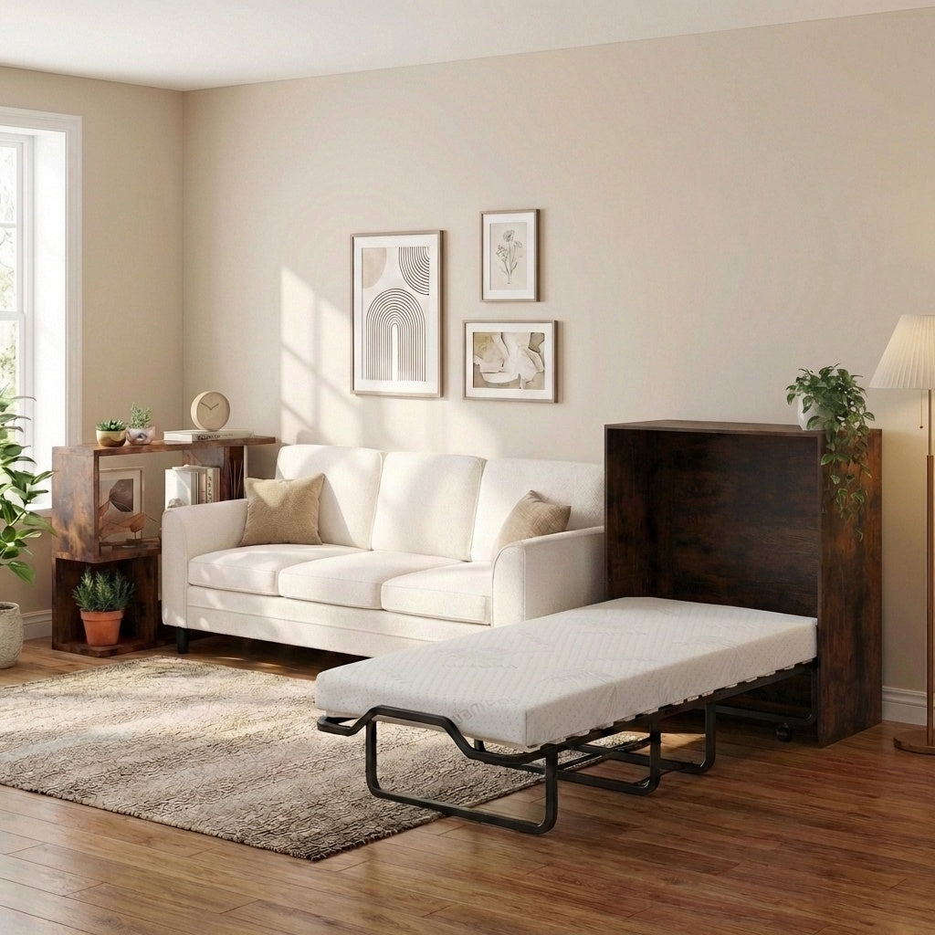 3-Piece Space-Saving Living Room with Teddy Sofa Display Bookshelf & Foldable Murphy Bed