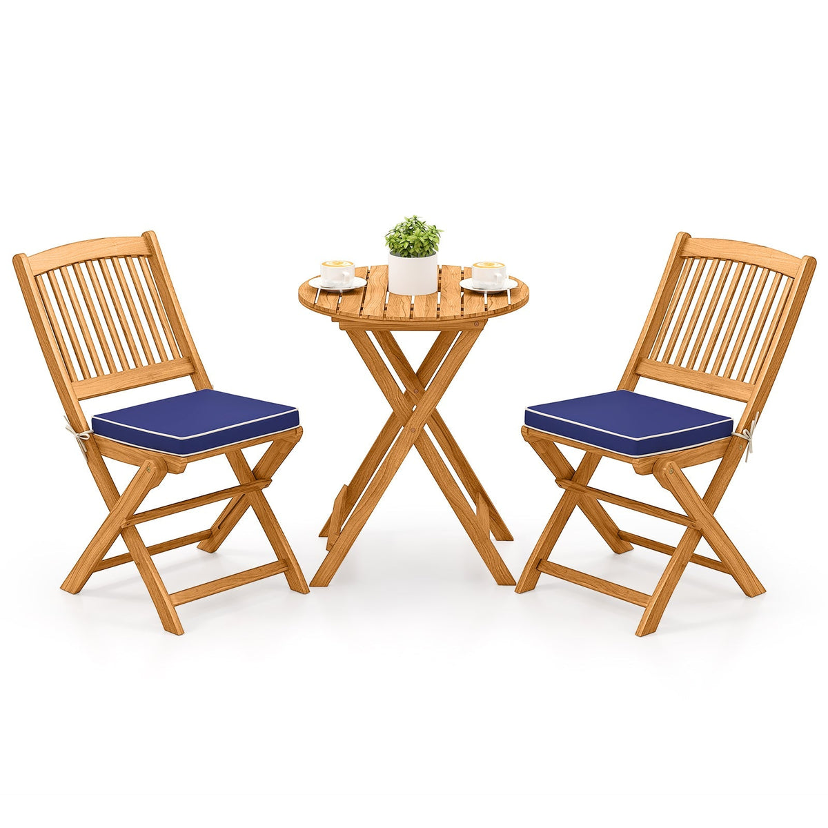 3 Pieces Acacia Wood Patio Folding Bistro Set with Soft Cushions