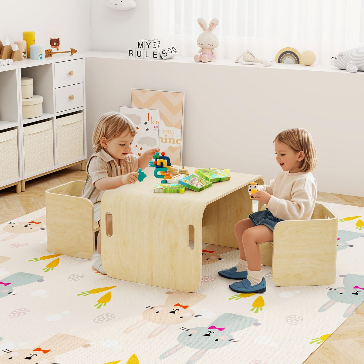 3 Pieces Kids Wooden Table and Chair Set-Natural