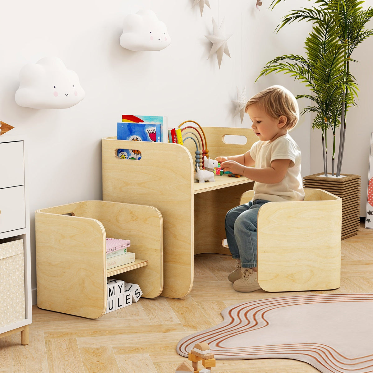 3 Pieces Kids Wooden Table and Chair Set-Natural