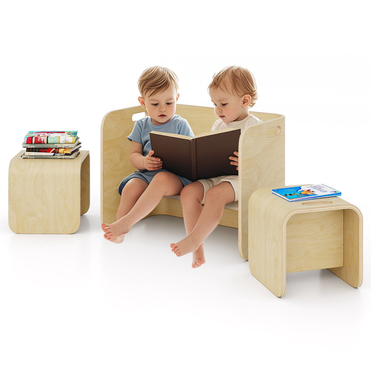 3 Pieces Kids Wooden Table and Chair Set-Natural
