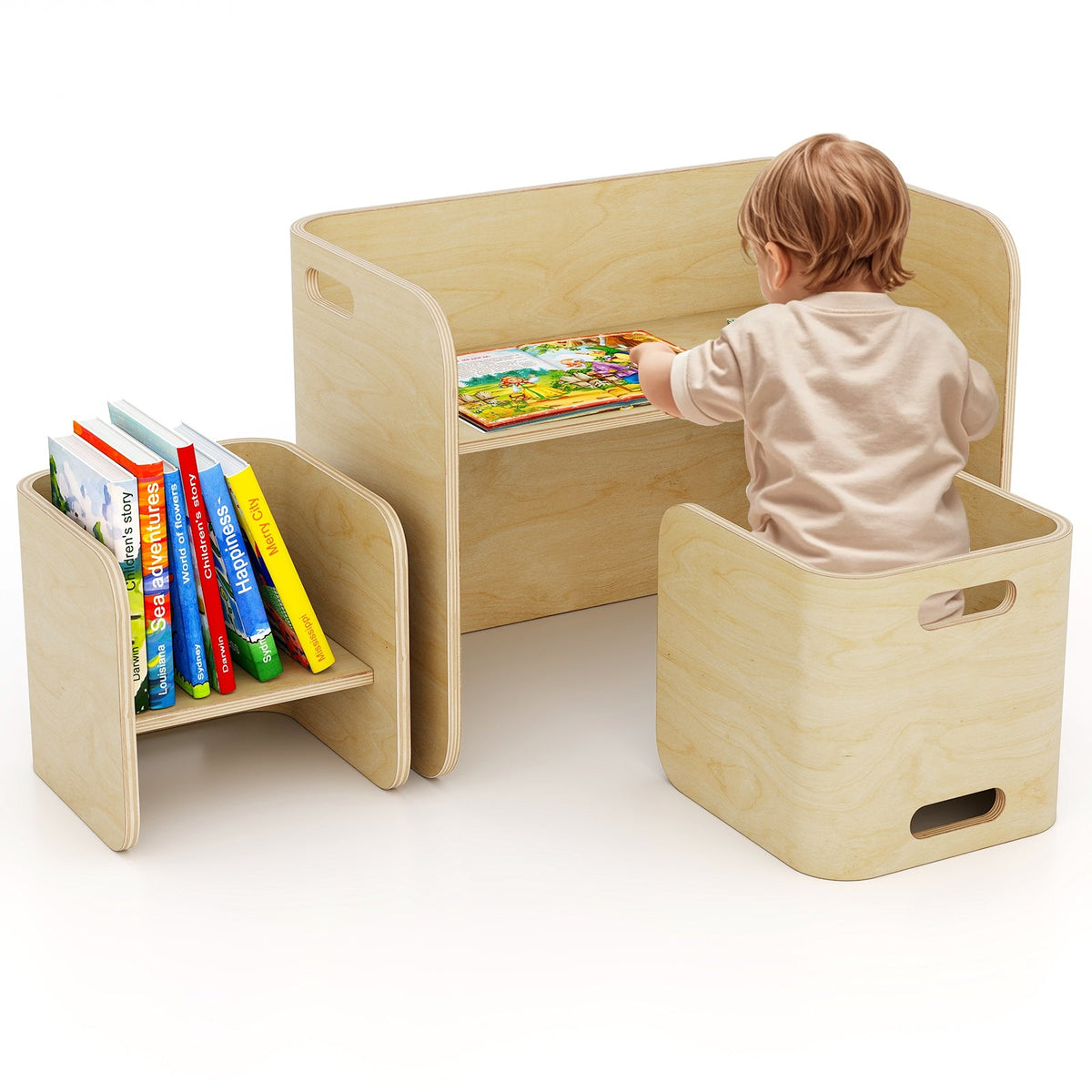 3 Pieces Kids Wooden Table and Chair Set-Natural