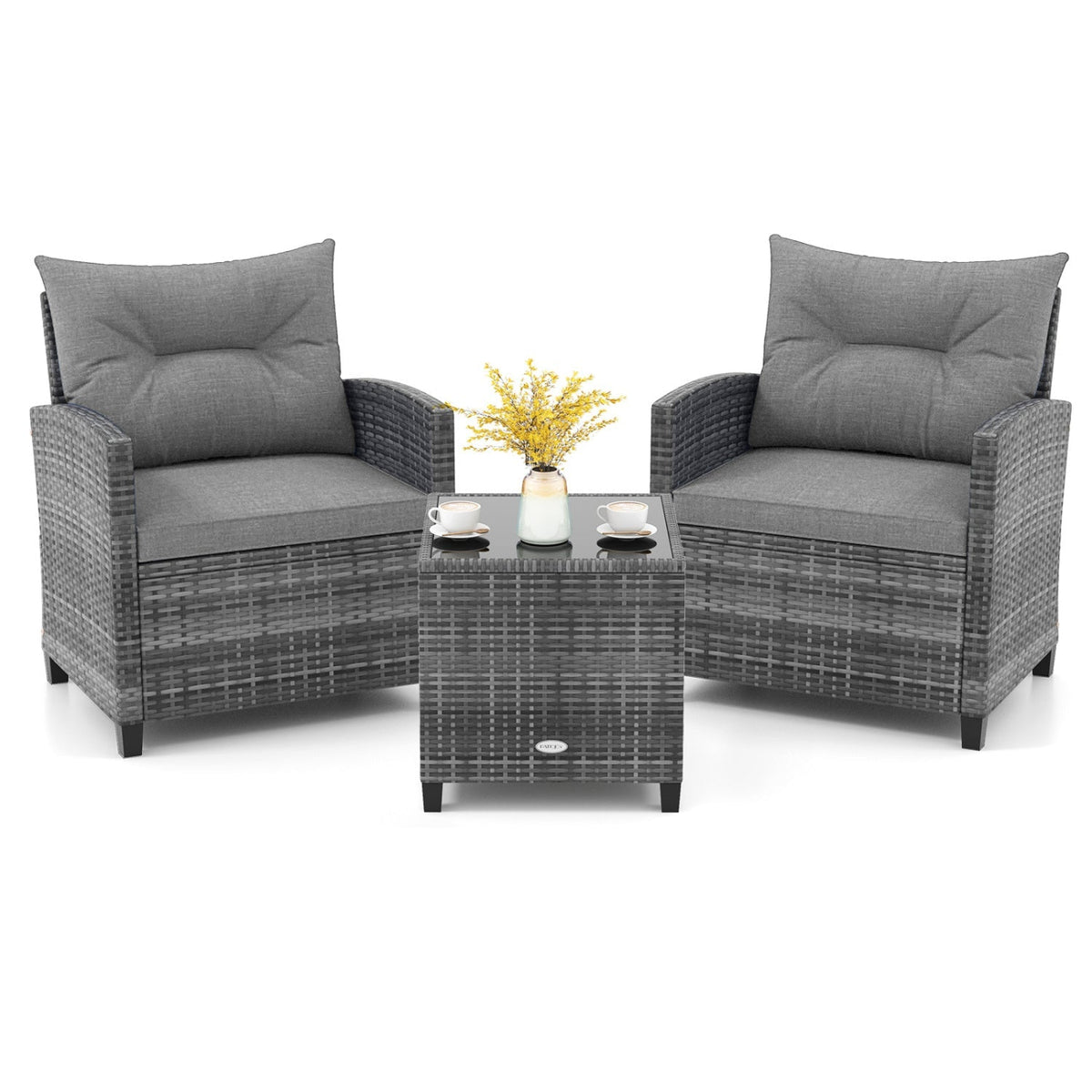 3 Pieces Outdoor Wicker Conversation Set with Tempered Glass Tabletop