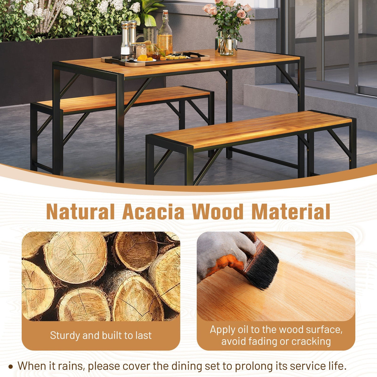 3 Pieces Patio Dining Set with Acacia Wood Dining Table and 2 Benches