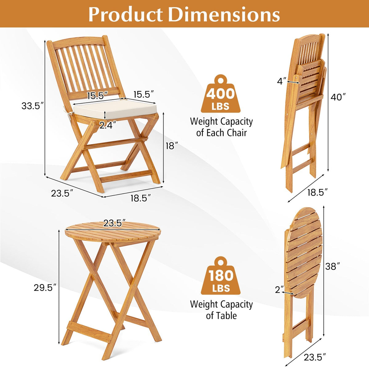 3 Pieces Acacia Wood Patio Folding Bistro Set with Soft Cushions
