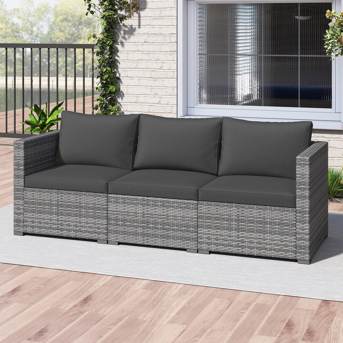 3 Pieces Patio Sectional Sofa Set PE Rattan Modular Couch Furniture Set with Soft Cushions