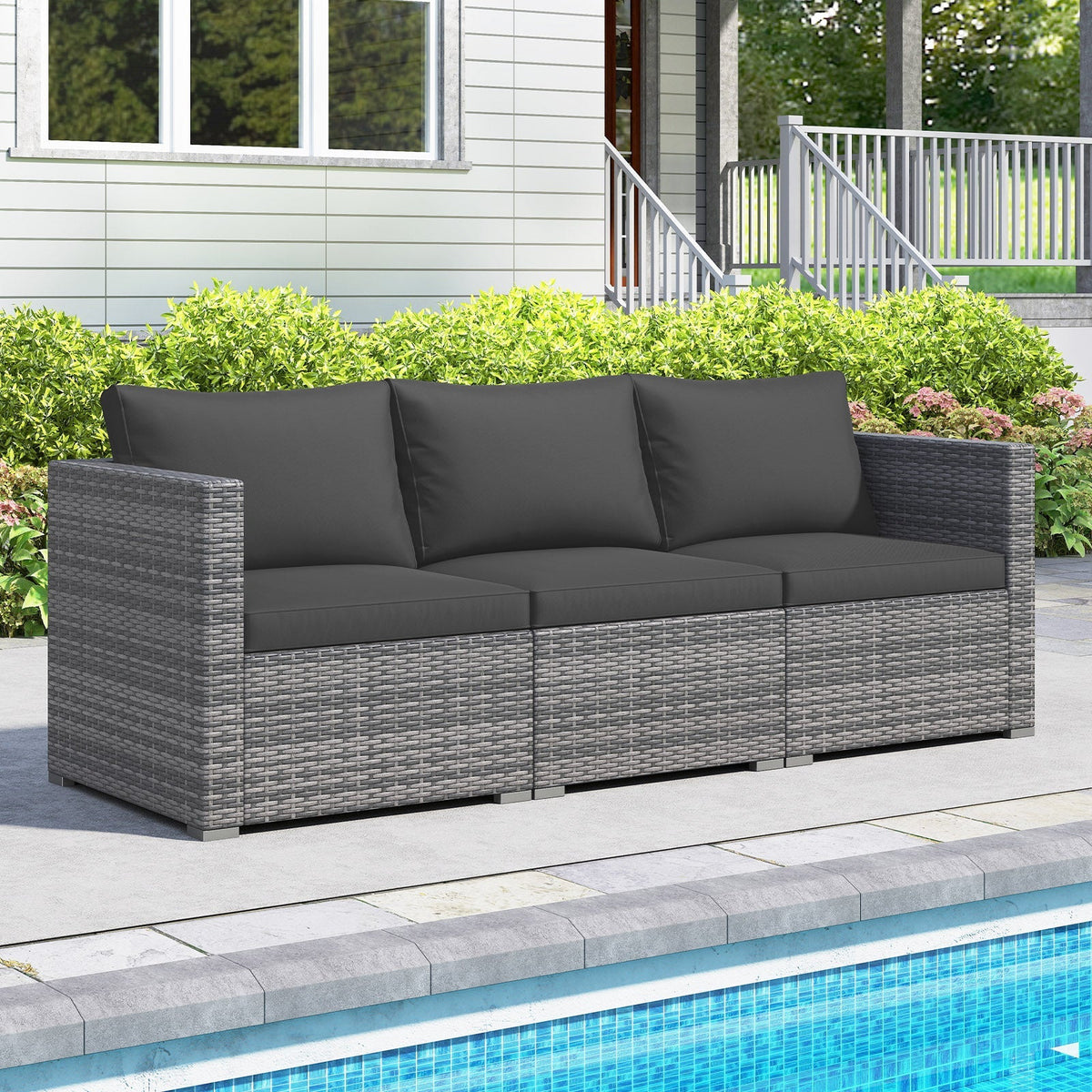 3 Pieces Patio Sectional Sofa Set PE Rattan Modular Couch Furniture Set with Soft Cushions