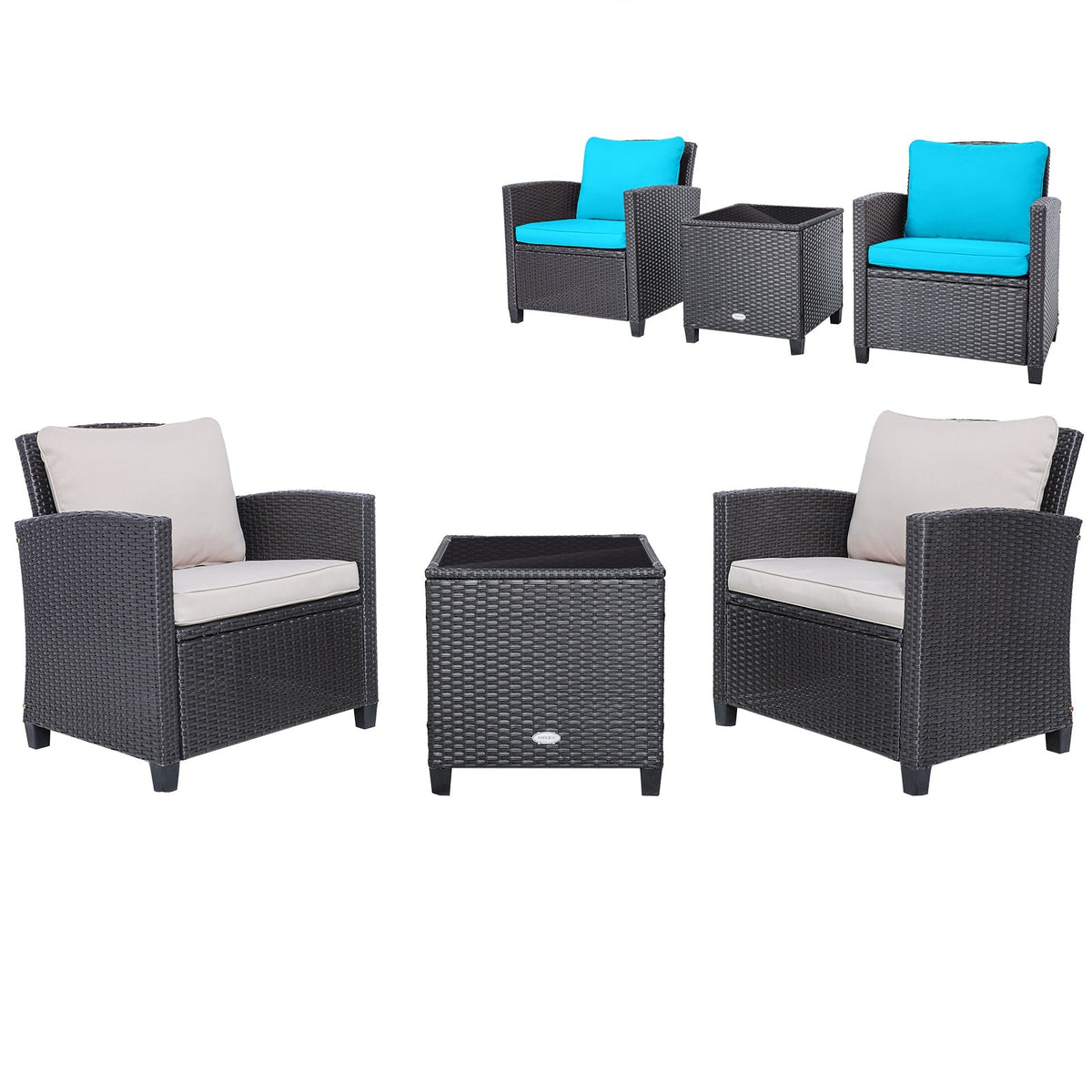 3 Pcs Patio Rattan Furniture Set Cushioned Conversation Set Coffee Table-Beige