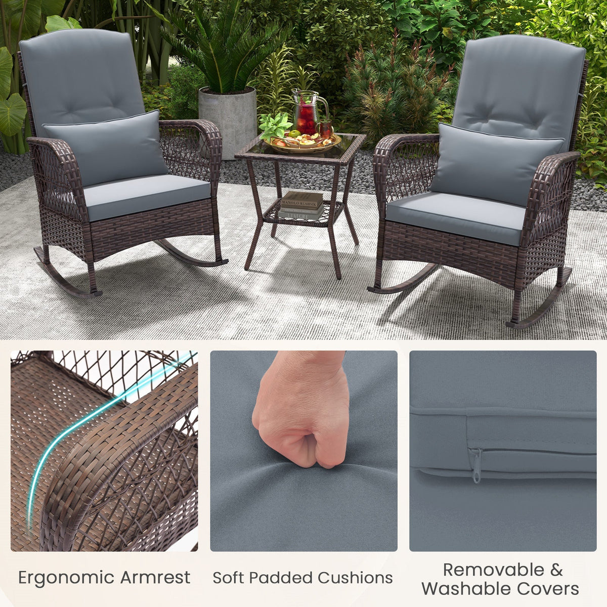 3 Pieces Rocking Bistro Set with 2-Tier Coffee Table