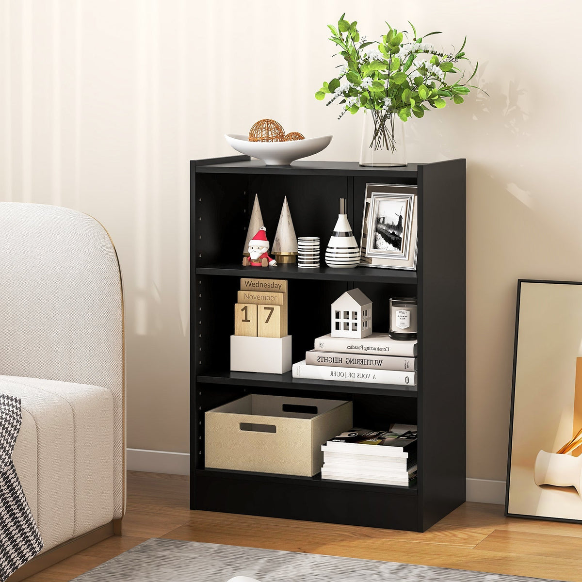 3-Tier Bookcase Open Display Rack Cabinet with Adjustable Shelves