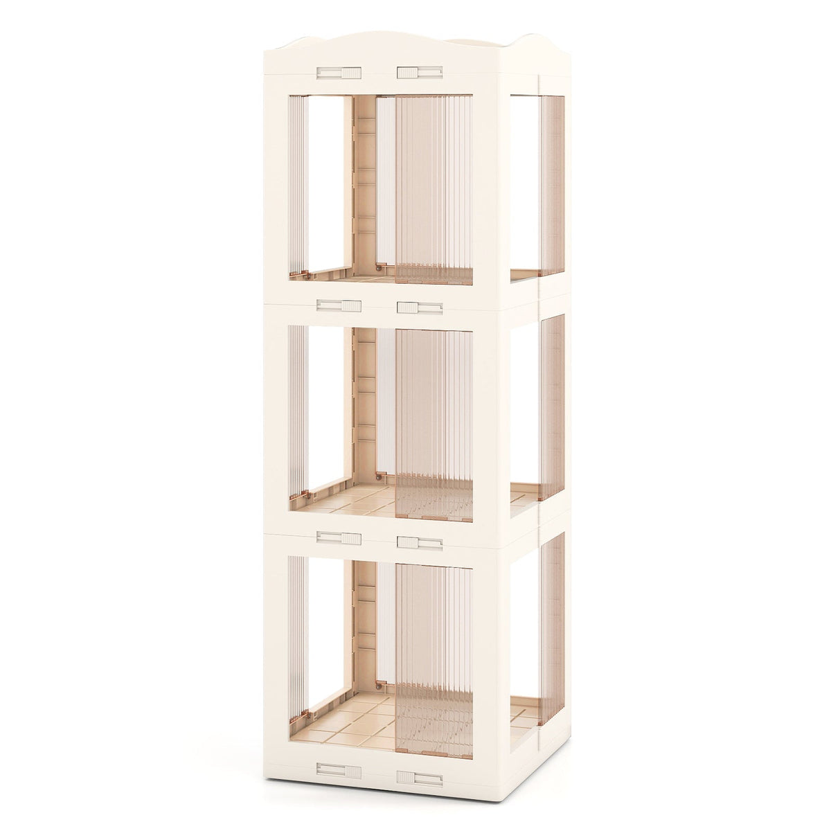 3-Tier Foldable Rotating Bookshelf with Swivel Base and Translucent Panels-White
