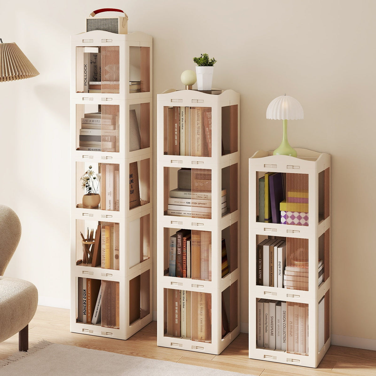 3-Tier Foldable Rotating Bookshelf with Swivel Base and Translucent Panels-White