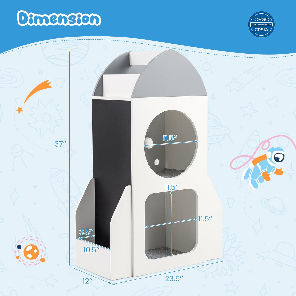 3-Tier Kids Bookshelf Rocket Space Theme Toddler Toy Storage Organizer-White