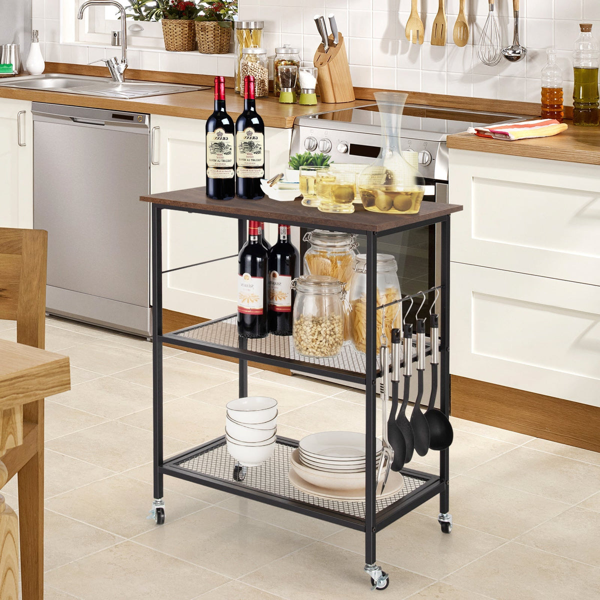 3-Tier Kitchen Utility  Industrial Cart with Storage-Brown