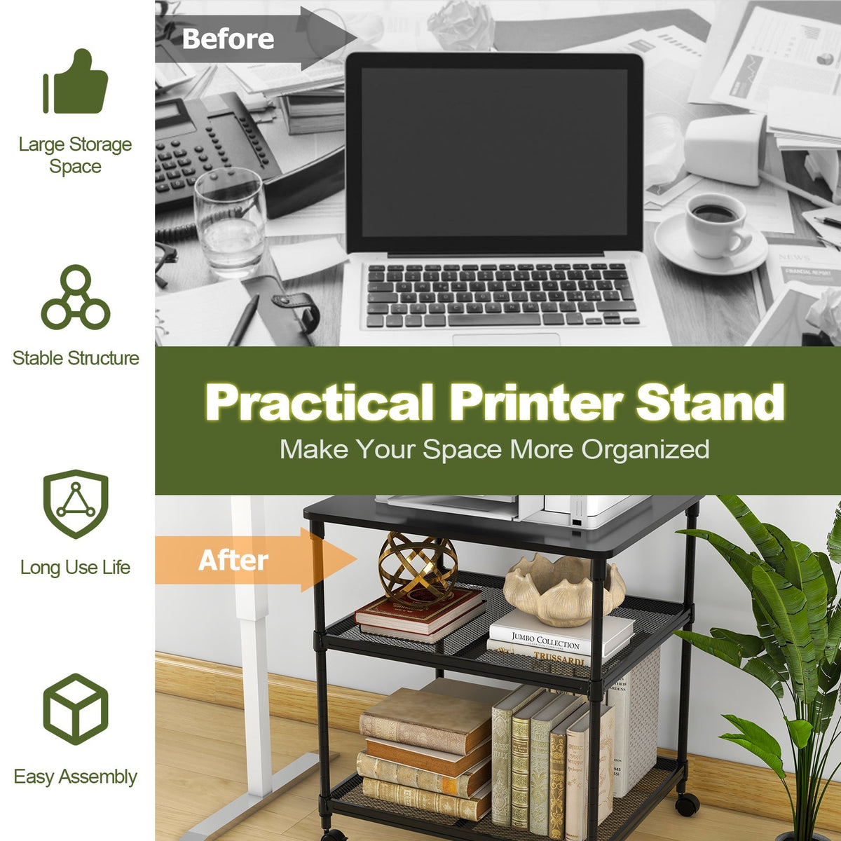 3 Tier Printer Stand Rolling Fax Cart with Adjustable Shelf and Swivel Wheels