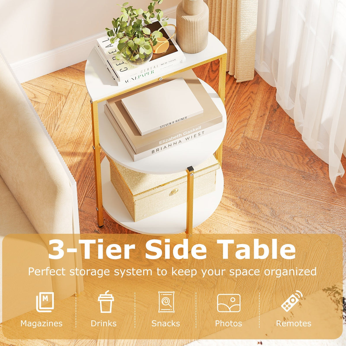 3-Tier Round End Table for Small Space and Bedroom Room